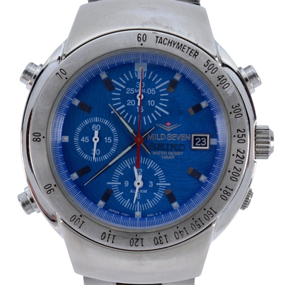 Rare Men's Seiko Chronograph Alarm Mild Seven Blue Dial Limited Watch 7T32-6L70!